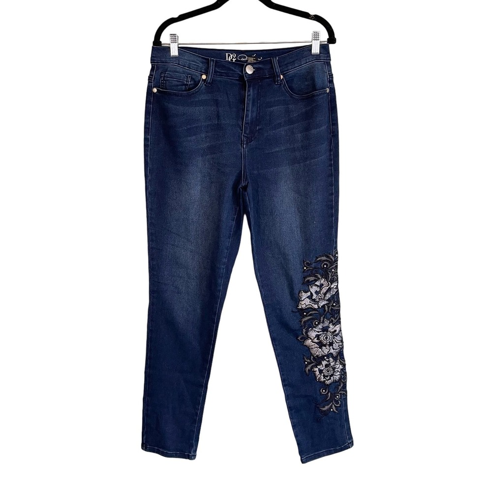 DG2 DIANE GILMAN Womens Blue Cotton Floral Embroidered Stretchy Denim Jeans 10